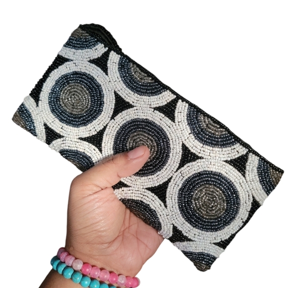 Beaded Evening Clutch Wristlet Blue Black White Clear beads - Picture 8 of 9